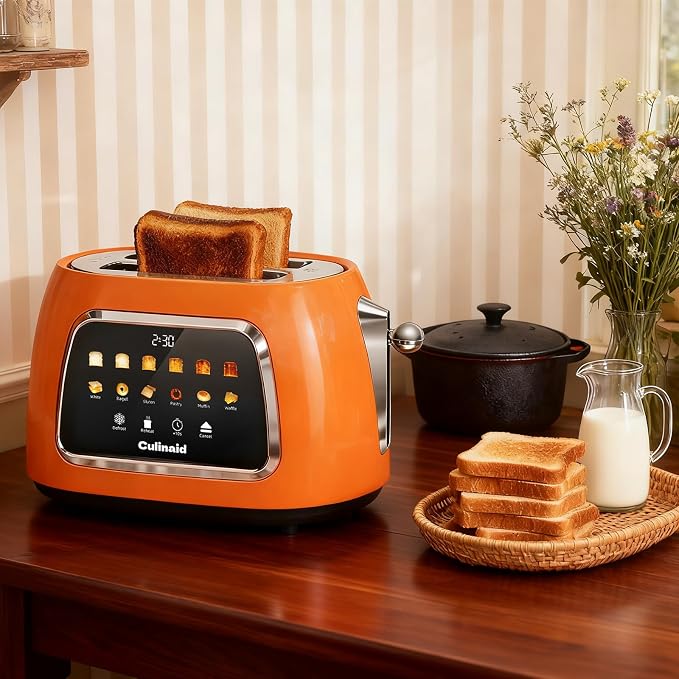 Toaster 2 Slice Smart Touch Screen, Retro 1.5'' Extra Wide Slot Stainless Steel Digital Bread Toaster with Memory Function, Bagel, Defrost, 6 Browning Level and Removable Crumb Tray, Orange