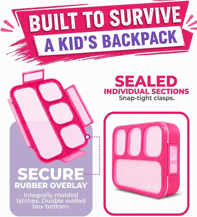 kinsho Bento Lunch Box Kids & Adults. Meal and Snack Containers for Boys, Girls for School Work Travel, 4 Sealed Divided Compartments, BPA Free, Utensils (Rose Pink, 1 Pack)