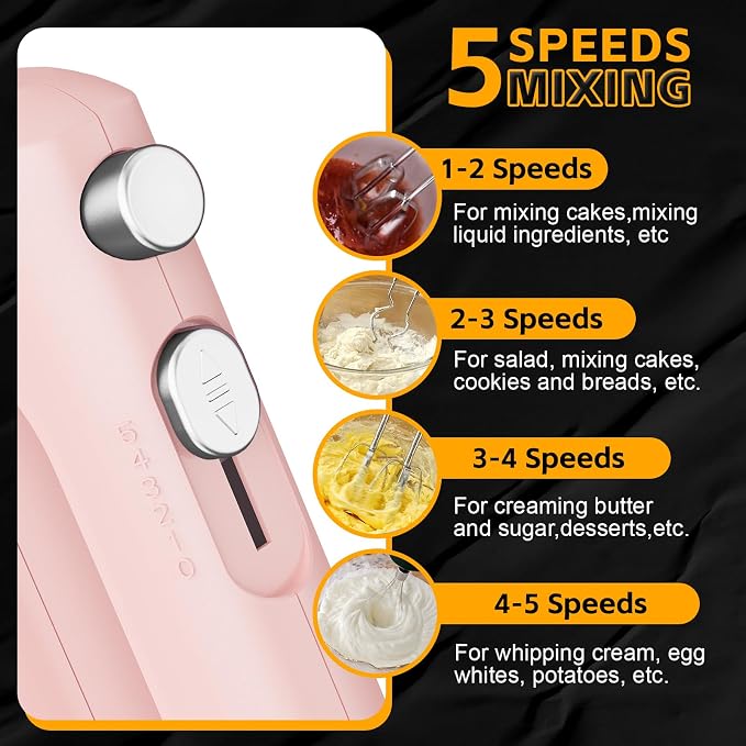 Lord Eagle 5-Speed Hand Mixer Electric With 4 Mixing Bowls Set | 300W Lightweight Kitchen Handheld Mixer with Measuring Cups & Spoons, Stainless Steel Bowls, Baking Supplies for Cake, Pink
