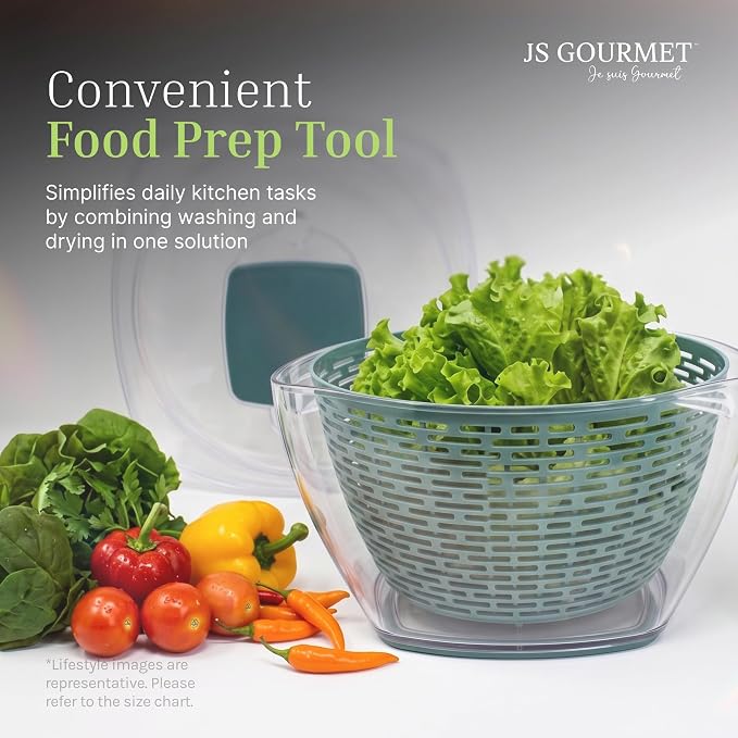 JS Gourmet Manual Salad Spinner with Strainer Basket - 5.68L (24 Cup) | BPA-Free Push Vegetable Spinner, Durable Kitchen Gadget, Easy Spin Dryer Bowl for Lettuce, Fruits & Greens