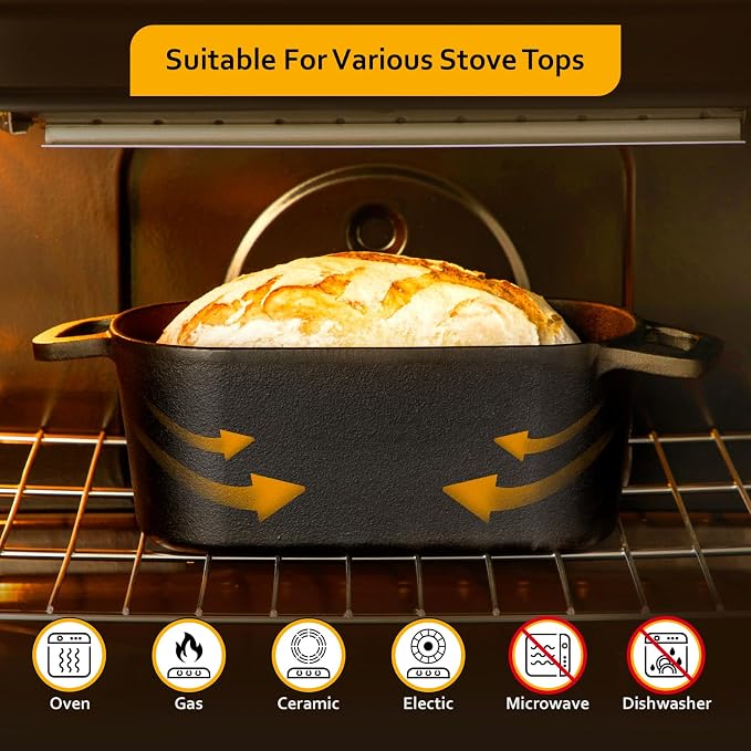 Velaze 3.6 QT Oval Cast Iron Dutch Oven for Bread Baking, Offset Handles | Bread Pan with Lid for Sourdough Sandwich,Small Households Baking,Gift for Bread Bakers,Deep Base,Oven Safe,Black