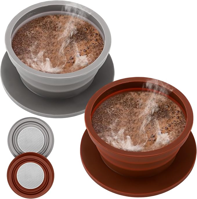 Set of 2 Paperless Collapsible Travel Pour Over Coffee Dripper Kit - Silicone Travel Pour Over Coffee Maker Camping - Collapsible Coffee Filter with Stainless Steel Filter (Brown+Grey)