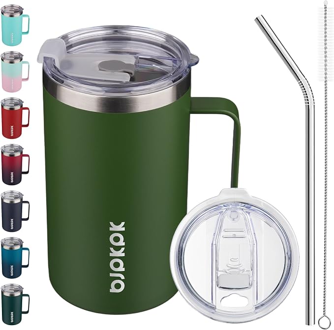 BJPKPK 25oz Insulated Coffee Mug with Handle, Stainless Steel Travel Mug | Keeps Drinks Hot & Cold, Double Wall Vacuum, 2 Lids Included, BPA-Free Coffee Tumbler for Home, Office & Travel