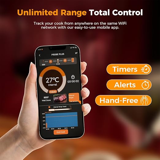 Smart Wireless Meat Thermometer, Digital Cooking Thermometer with Dual High-Accuracy Sensors, Ceramic Heat-Resistant Probe, Instant Read LCD & App Control for Kitchen,BBQ, Oven,Grill,Air Fryer, Black