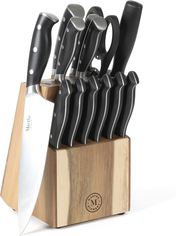 Martha Stewart Greeley Forged High Carbon Stainless Steel 14 Piece Knife Block Set, Black Kitchen Knife Set with Acacia Wood Block, Chef Knife, Bread Knife, Steak Knives