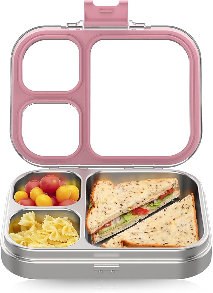HOMEKOL Stainless Steel Bento Lunch Box, Pink, 3.3Cups | 3-Compartment,Leak-Proof, for Kids & Adults, BPA-Free, Dishwasher Safe, Clear Tritan Lid, 800ml (Not Insulated)