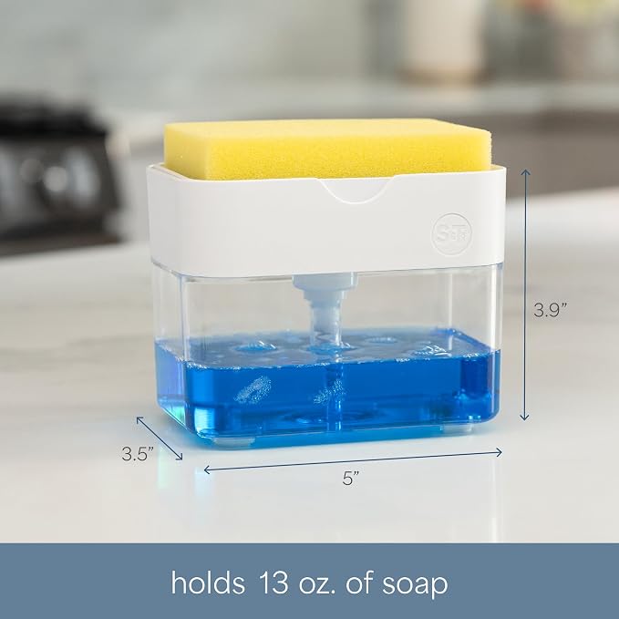 S&T INC. Dish Soap Dispenser and Sponge Holder, Matte White | Holds 13 Fluid Ounces, Sponge Included, Anti-Slid Feet, Push to Dispense Perfect Amount of Dish Soap