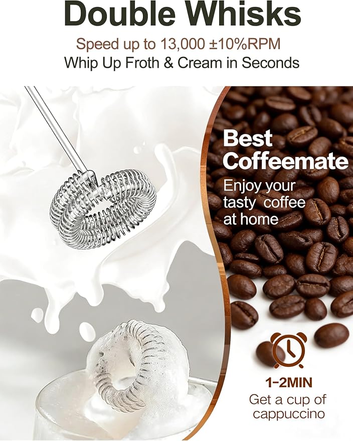 Rechargeable Milk Frother Handheld, IP67 Waterproof Coffee Frother with Digital Battery Display, 3-Speed Electric Milk Frother for Coffee, Latte, Cappuccino, Matcha, Protein Shakes & Eggs (Black)