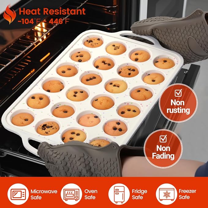 CAKETIME Silicone Mini Muffin Pan, Metal Reinforced Frame 24 Cups Cupcake Pan with Handle Nonstick for Baking Muffins, Cupcakes, Egg Bites