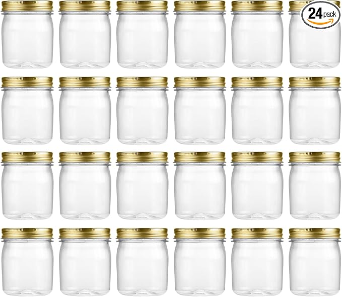 novelinks 8 oz Plastic Mason Jars and Clear Plastic Jars with Lids 8 oz | 24 Pack, Gold, Plastic Containers with Lids, Small Mason Jars, Clear Jars Bulk, Spice Jars, Slime Jars, Mini Jars