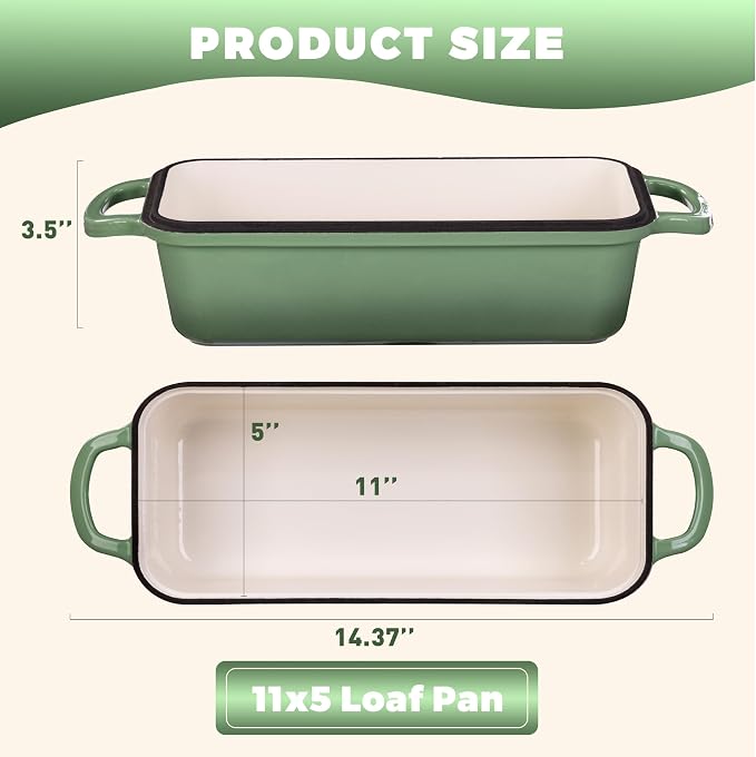 Cast Iron Loaf Pan with Lid, 11x5 Inch 5.8 Qt Sourdough Pan | Dutch Oven Bread Pan with lid, Large Cast Iron Loaf Pan for Sourdough Bread, 11x5", 2-in-1 Design, Crispy Crust, Pistachio