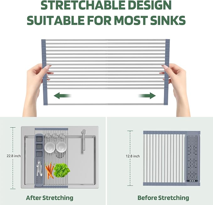 BBXTYLY Expandable Roll Up Dish Drying Rack,Over The Sink Drying Rack Sink Kitchen Accessories Rolling up Stainless Steel Drainer, Foldable with Removable Utensil Holder(Gray)