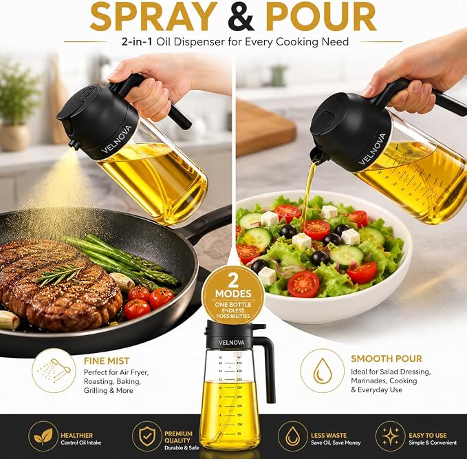 Olive Oil Sprayer for Cooking, 16oz/470ml Glass Oil Sprayer & Dispenser, 2-in-1 Oil Mister Bottle for Air Fryer, Salad, BBQ, Frying, Roasting & Kitchen, Food Grade, Leakproof, Refillable