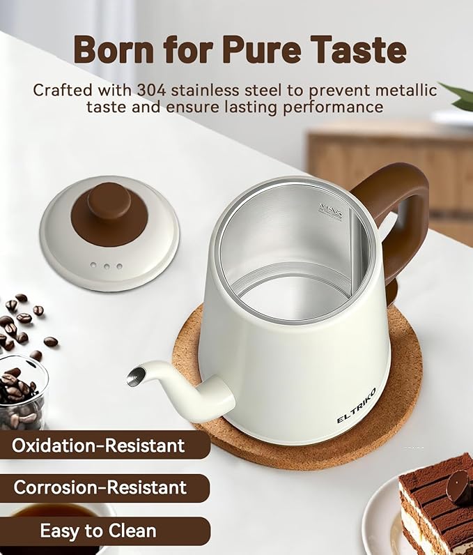 1L Gooseneck Electric Kettle for Pour Over Coffee & Tea | 1000W Fast Heating, Food-Grade Stainless Steel, Auto Shut-Off & Boil-Dry Protection, BPA-Free, White