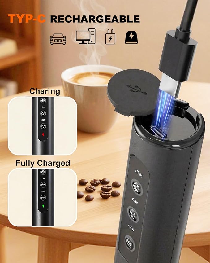 3-Speed Electric Milk Frother Handheld Foam Maker, Black | 3 Whisks & Dual Coil Whisk, TYP-C Rechargeable, Travel Case - Frother for Coffee, Matcha, Hot Chocolate
