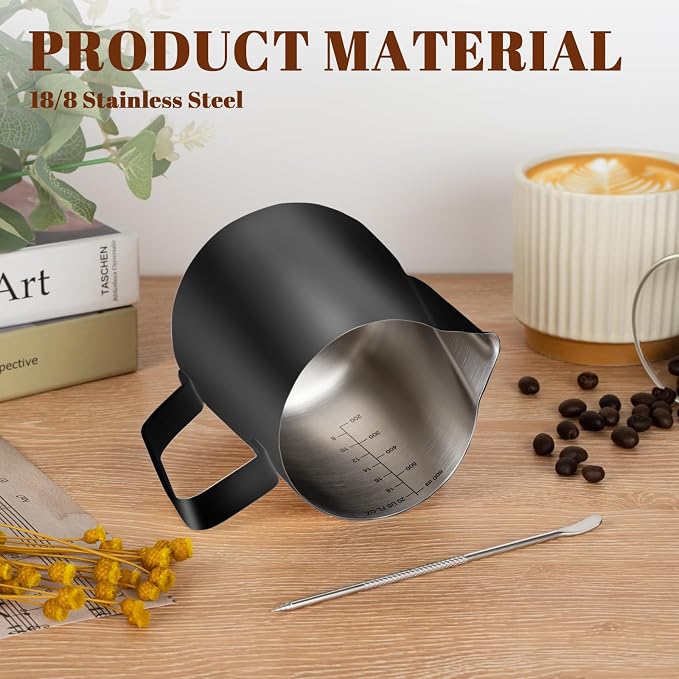 Amrules Milk Frothing Pitcher, 20oz Milk Frother Cup with Clear Scale, 304 Stainless Steel Cappuccino Espresso Machine Accessories for Barista Coffee Bar with Latte Art Pen, Black