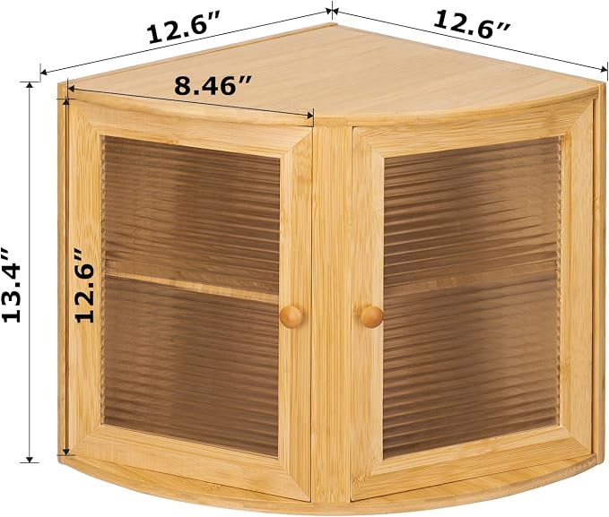 Natural Bamboo Double Layers Bamboo Corner Bread Box for Kitchen Counter | Holds 2+ Loaves, Right Triangle Fits Counter Corners, Clear Window, Breathable Keeps Bread Fresh, Saves Small Kitchen Space