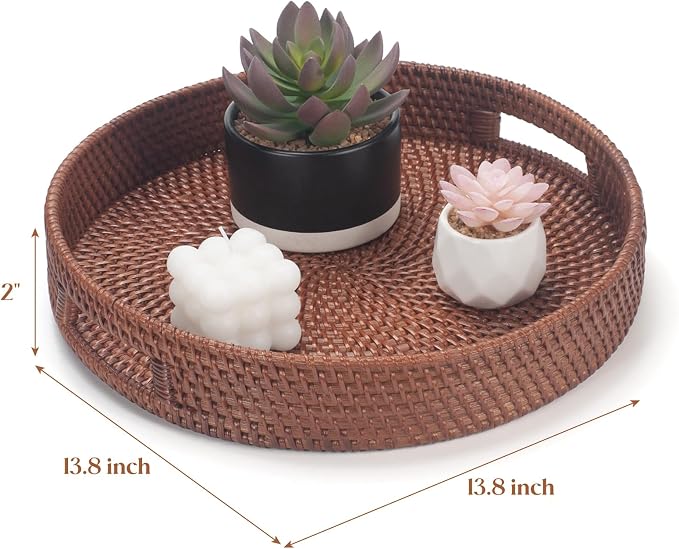 13.8 inch Round Rattan Tray, Decorative Coffee Table Tray, Ottoman Trays, Woven Serving Trays with Handles Wicker Serving Basket, Reddish-Brown