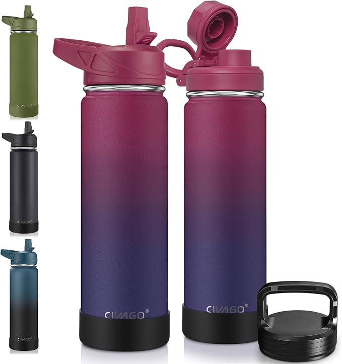 CIVAGO 22 oz Insulated Stainless Steel Water Bottle With Straw and 3 Lids | Large Metal Sports Water Jug, Leakproof Reusable Wide Mouth Thermal Flask Cup with Silicone Boot, BPA-Free, Dark Rainbow