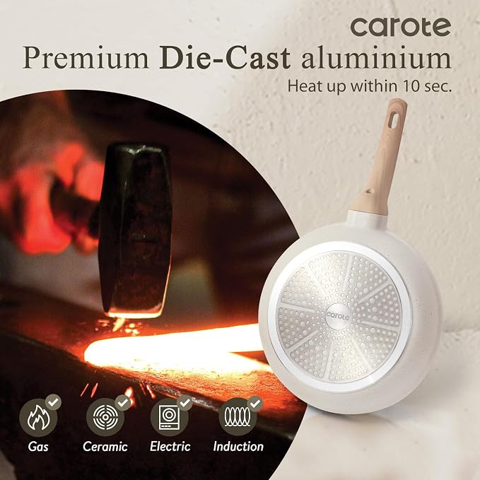 CAROTE 10 Inch Non Stick Cream White Frying Pan, PFOA-Free | Healthy Non Toxic Granite Kitchen Cookware, All Stovetops Compatible Skillet with Heat-Resistant Handle, Easy to Clean