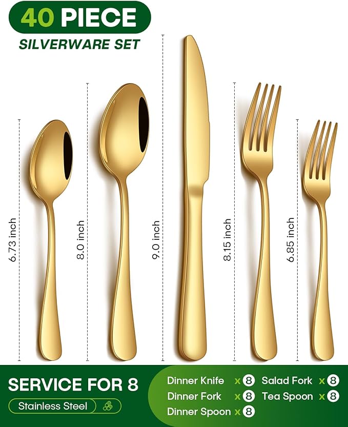PHILIPALA 40 Piece Gold Silverware Set, Stainless Steel Flatware Set for 8 Food Grade Novelty Flatware Cutlery Utensil Set Include Knife Fork Spoon Mirror Polished Dishwasher Safe