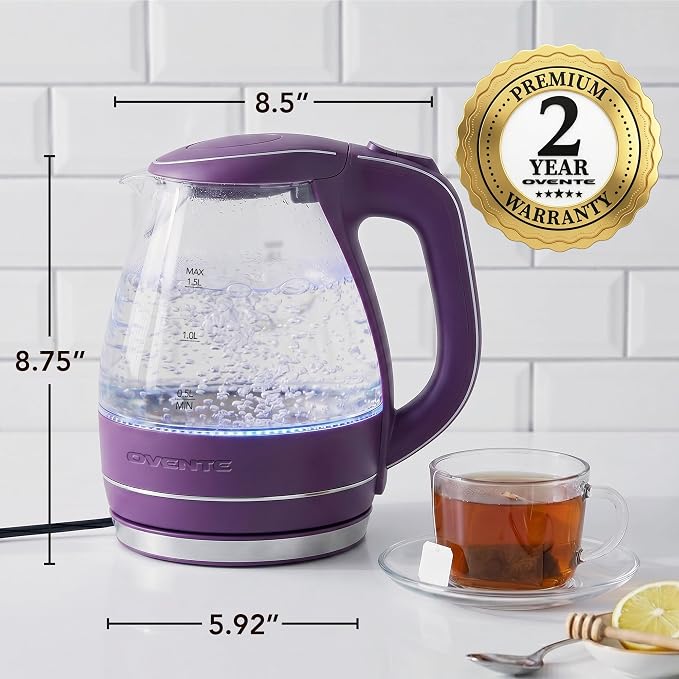 OVENTE 1.5L Glass Electric Kettle Water Boiler, Purple KG83P