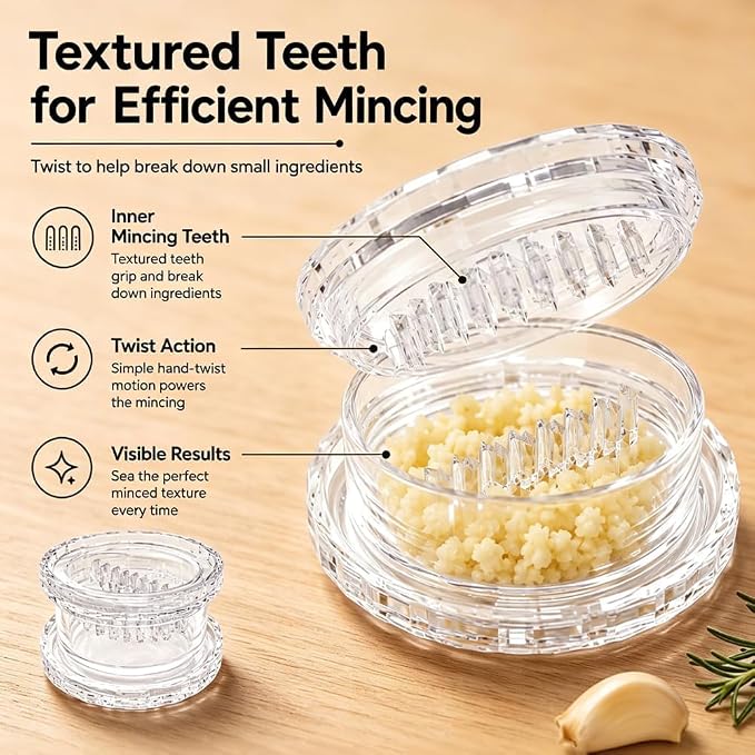 2PCS Clear Manual Garlic Twister Multi-Functional Ginger Mincer Tool, Manual Garlic Twister and Mincer, Garlic Crusher, Garlic Grinder, Compact Garlic Mincer Tool, Ginger, Herbs (White-2PC)