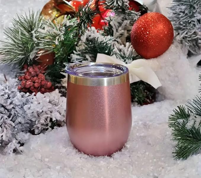 CHILLOUT LIFE 12 oz Stainless Steel Wine Tumblers 2 Pack - Double Wall Vacuum Insulated Wine Glasses Cups with Lids and Straws Set Keeping Cold & Hot for Coffee, Beer, Ice Cream - Rose Gold