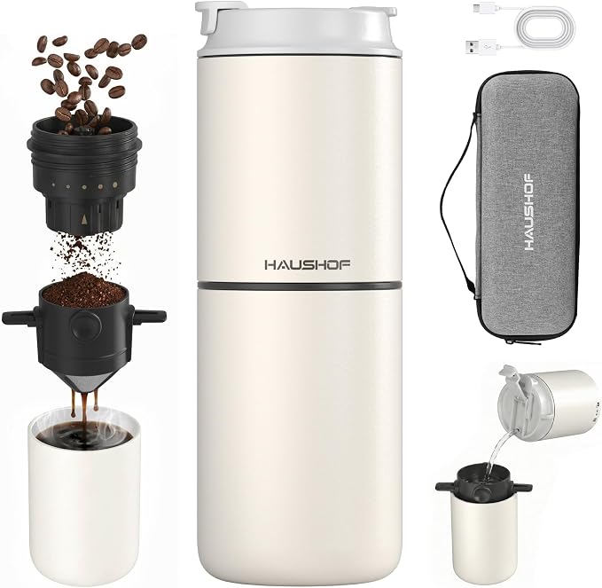 HAUSHOF Camping Coffee Maker, Coffee Grinder for Travel | 15 Cups per Charge;Portable Storage Bag;5 Grind Settings;USB-C Charging