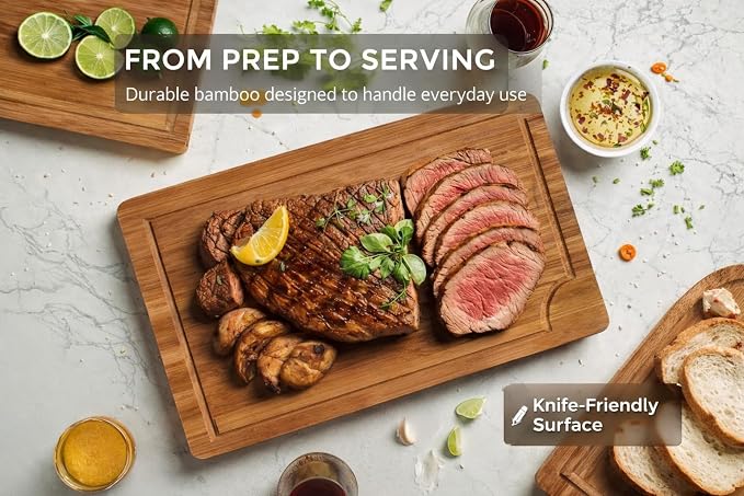 Bamboo Cutting Board Set of 3 (15"×10", 12"×8", 9"×6") – Crack Resistant Boards with Deep Juice Grooves, Handles & Care Guide – Butcher Block for Meat, Veggie & Charcuterie Board