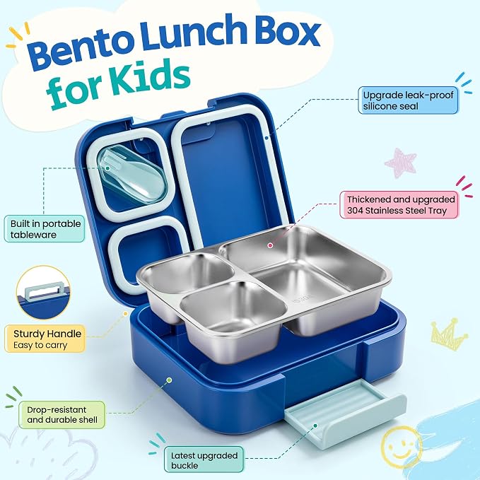Kids Stainless Steel Bento Lunch Box Adult Boy Food Container Set with Bag | Stainless Steel Bento Lunch Box Kids Container Set Girls Boys Teens with Insulated Lunch Bag and Ice Pack for School Office