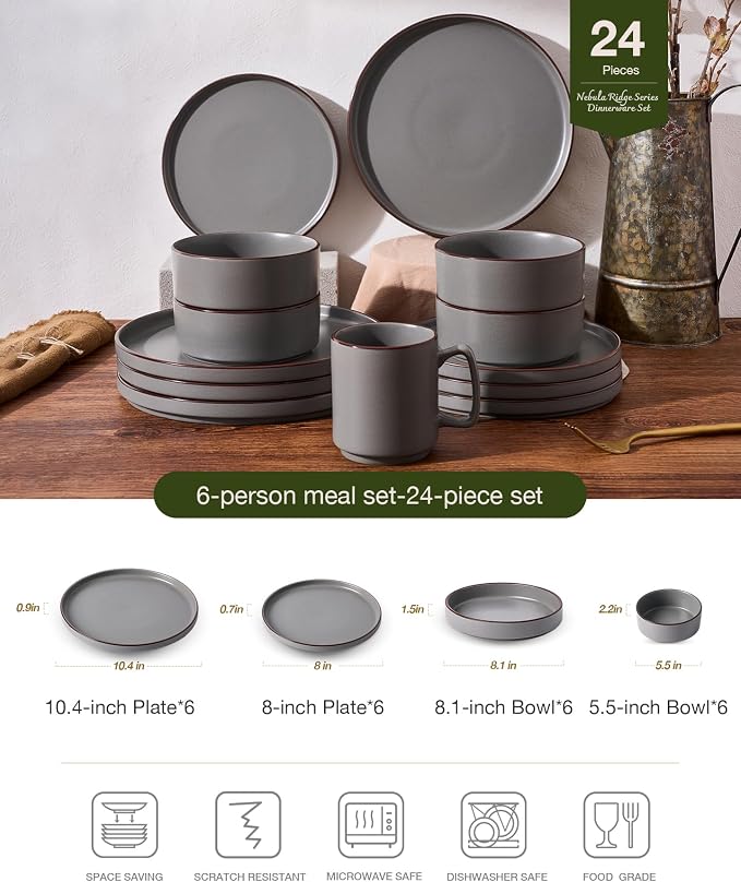 Famiware Nebula Ridge 24-Piece Dinnerware Set with Pasta Bowls, Dark Gray | Stoneware Plates and Bowls for 6, Warm Hand-Painted Rims, Microwave and Dishwasher Safe