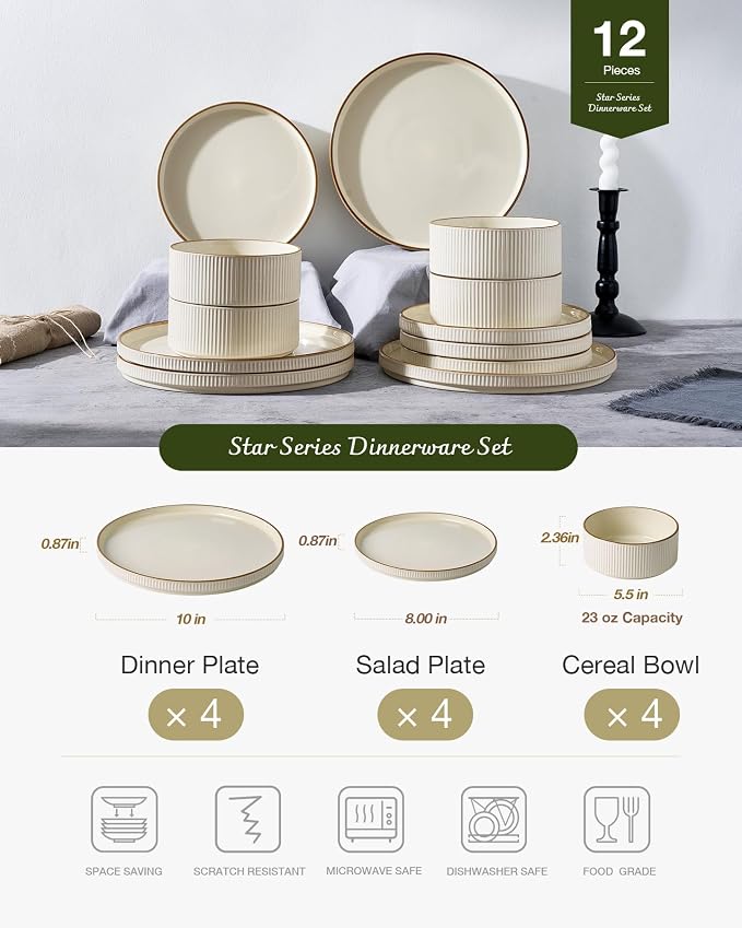 Famiware Plates and Bowls Set with Rim, Stoneware Dinnerware Sets for 4 | 12-Piece Ceramic Dishes with Lipped Edges, Chip & Scratch Resistant, Microwave & Dishwasher Safe, Everyday Formal Use, Cream