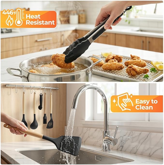 33Pcs Kitchen Utensils Set Silicone Cooking Utensils Set with Wooden Handle | Heat-Resistant, Dishwasher Safe, BPA-Free Silicone Kitchen Utensil Set with Wooden Handles & Holder for Nonstick Cookware