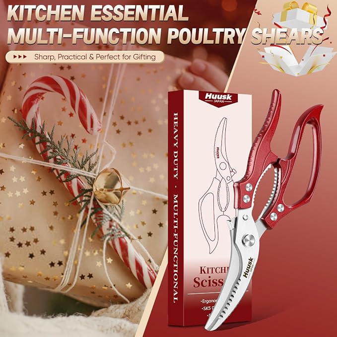 Huusk Poultry Shears Heavy Duty – All Purpose Japanese Kitchen Scissors | SK5 Steel Kitchen Shears for Meat, Fish, Vegetables, Chicken Bones, Turkey, Ergonomic Non-Slip Red Handle, Gifts for Women
