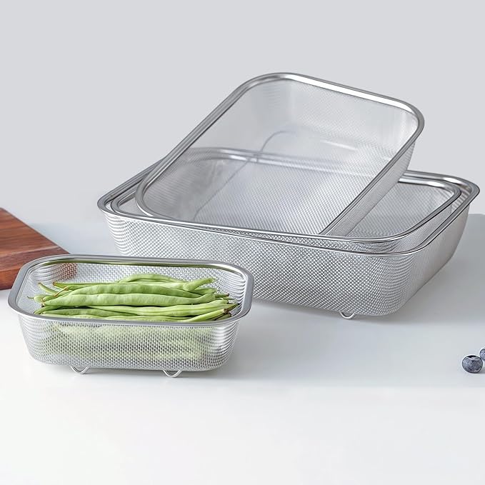 18/8 Stainless Steel Fine Mesh Strainer Basket with Feet, Rectangular Colander for Vegetables, Fruits, Pasta, Noodles – Rustproof, Durable & Easy to Clean (7.48 inch)