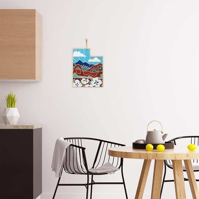 Totally Bamboo Utah State Shaped Cutting Board, Summer Stokes Art | State charcuterie board with colorful hand-drawn landscape art. Smooth reverse side for food prep. Hang tie for wall display.
