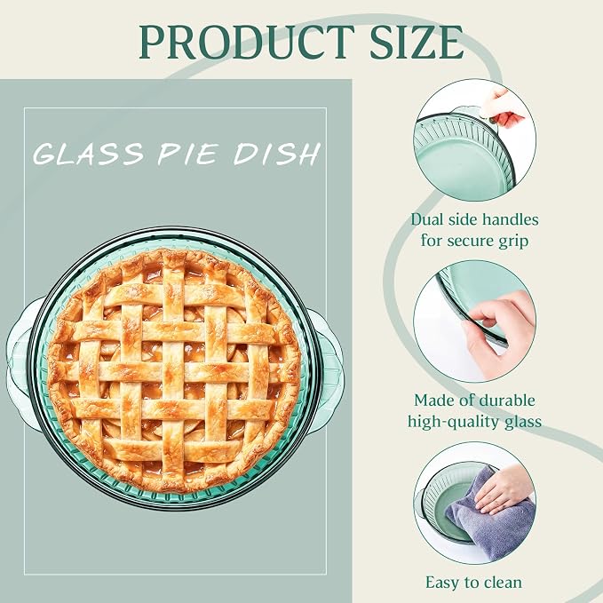 2 Pack Green Glass Pie Dish, 8 Inch Round Deep Plate, Tempered Glass Baking Dish, Non Toxic, Oven and Dishwasher Safe, Ideal for Baking Pies, Quiche and Desserts