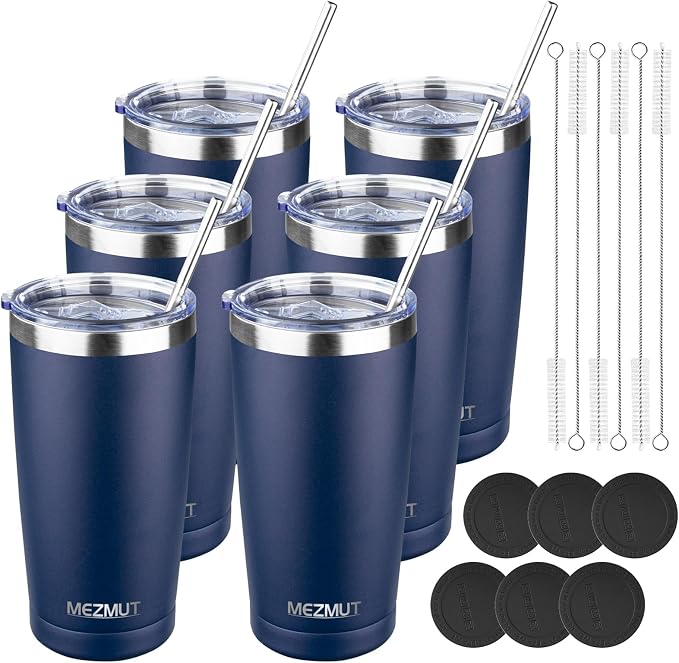 MEZMUT 20oz Insulated Tumbler Travel Coffee Mug with Lid(Navy Blue,6 Pack) | 18/8 Stainless Steel Double Wall Vacuum Spill Proof Metal Tumbler Bulk with Lid and Straw, Hot or Iced Coffee Cup