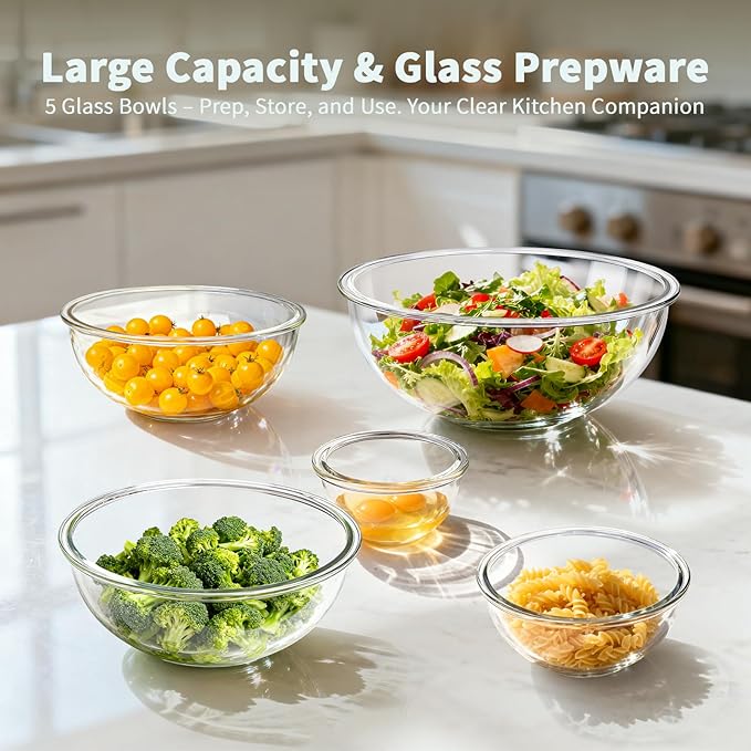 WhiteRhino Glass Mixing Bowl with Lids Set of 5, 0.2, 0.5, 1.1, 2.1, 3.75 QT, Large Salad Bowls with BPA-Free Lids, Space-Saving Nesting Bowls for Kitchen Food Storage, Glass bowl for Cooking, Baking