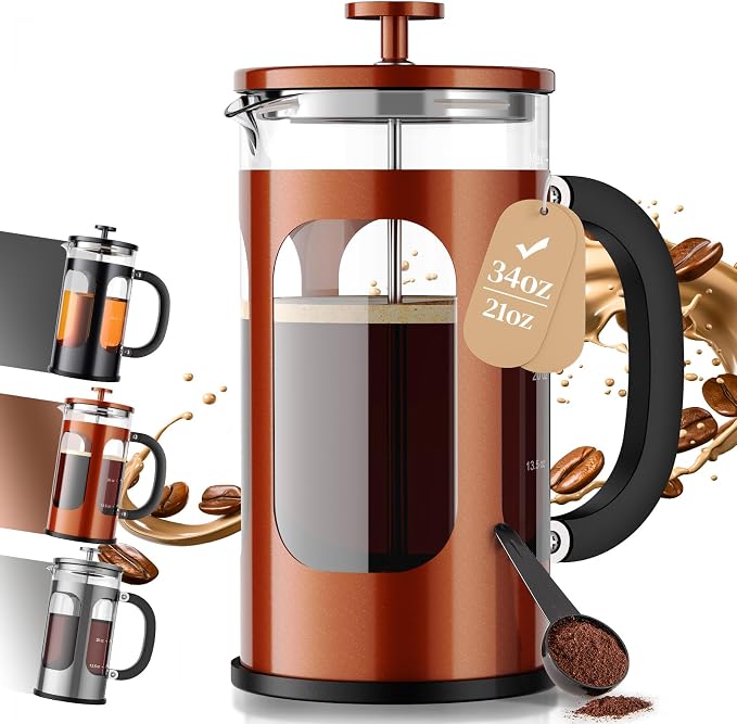 Veken French Press Coffee Maker,No Plastic Touching Cafe,34oz 1L Cafetera | Heat Resistant Thickened Borosilicate Glass Stainless Steel Brewer,Pot for Kitchen,Travel,Camping,Tea,Gifts,Copper