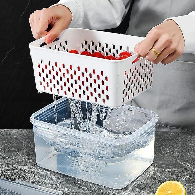 Yuonry 4 in 1 Food Storage Container, Fruit Storage Containers for Fridge, Produce Containers with Lid and Strainer, Including Drain Basket, Multipurpose Large Fruit Container for Fridge(Grey)
