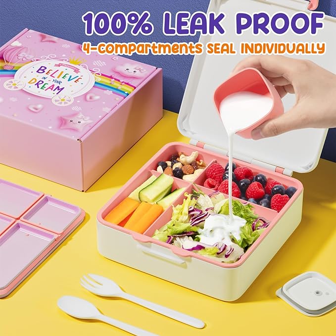 Fimibuke Bento Lunch Box for Kids, Toddler Bento Box with 4 Compartments | Leak Proof BPA Free Dishwasher Safe Lunch Container with Utensils, Ideal Portion Sizes for Ages 3-12 Girls Boys for School