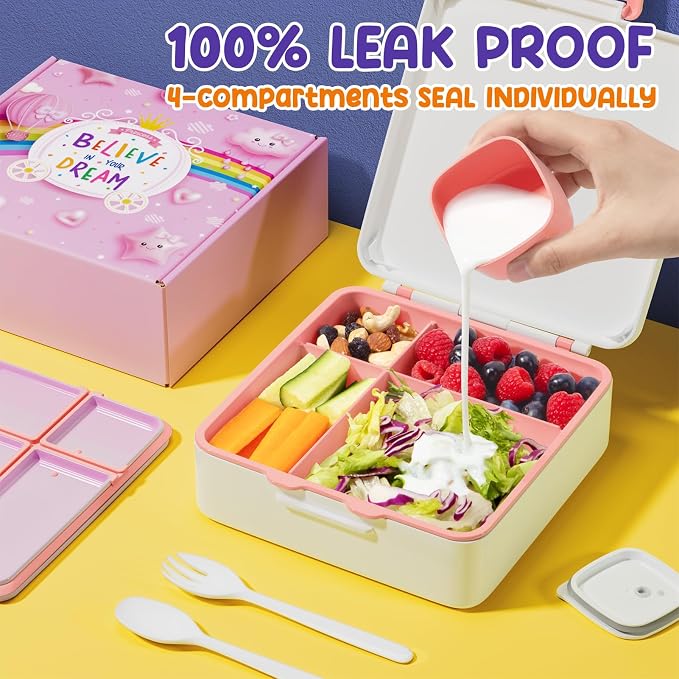 Fimibuke Bento Lunch Box for Kids, Toddler Bento Box with 4 Compartments | Leak Proof BPA Free Dishwasher Safe Lunch Container with Utensils, Ideal Portion Sizes for Ages 3-12 Girls Boys for School