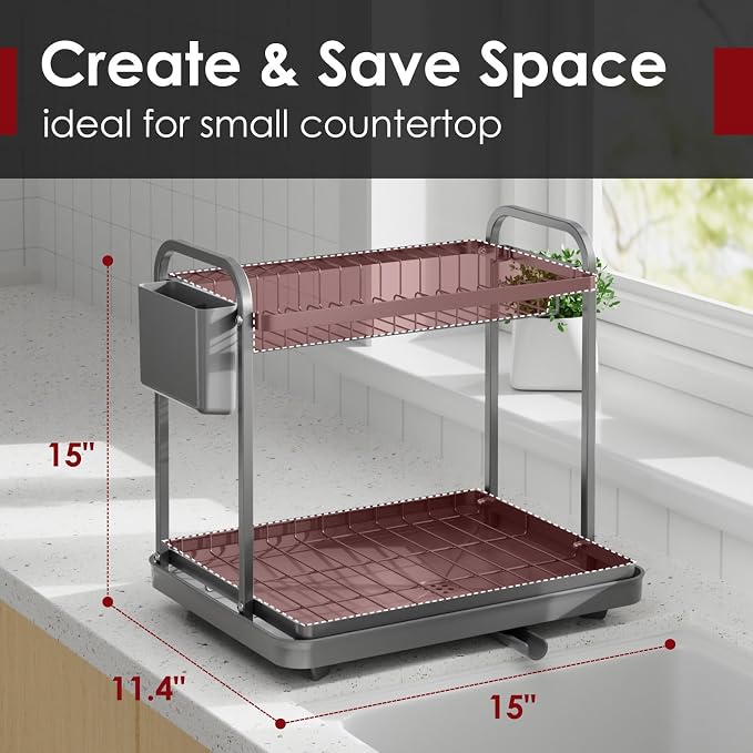 Sakugi Dish Drying Rack 2-Tier 15" x11.4" x15" Gray Double Rod | Kitchen, Sink Counter, Stainless Steel, Counter Top, Utensil Holders, Cutlery Holder, for Small Family, Easy to Clean