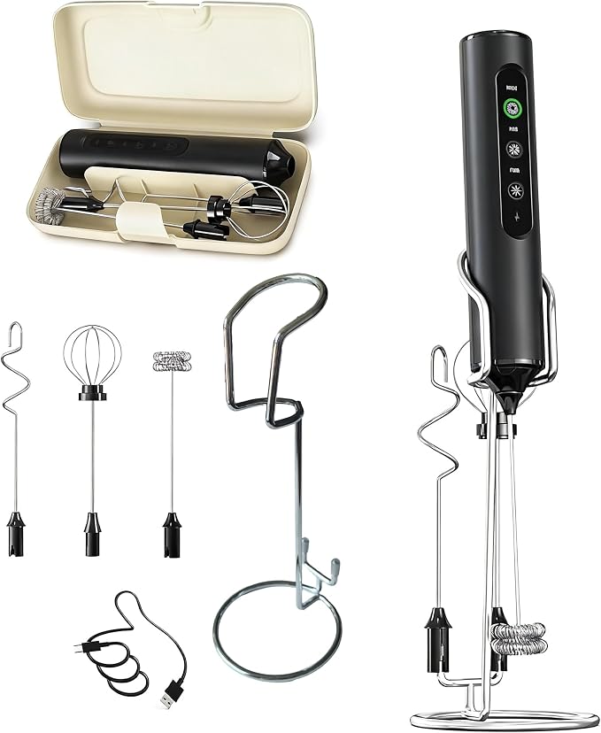 Rechargeable Handheld Milk Frother, USB-C Electric Mixer,5 Attachments | 3 Mixing Heads, 1Storage Box & 1 Stand, 3 Speed , low noise, for Coffee, Protein Shakes, Egg Whisk, Batter
