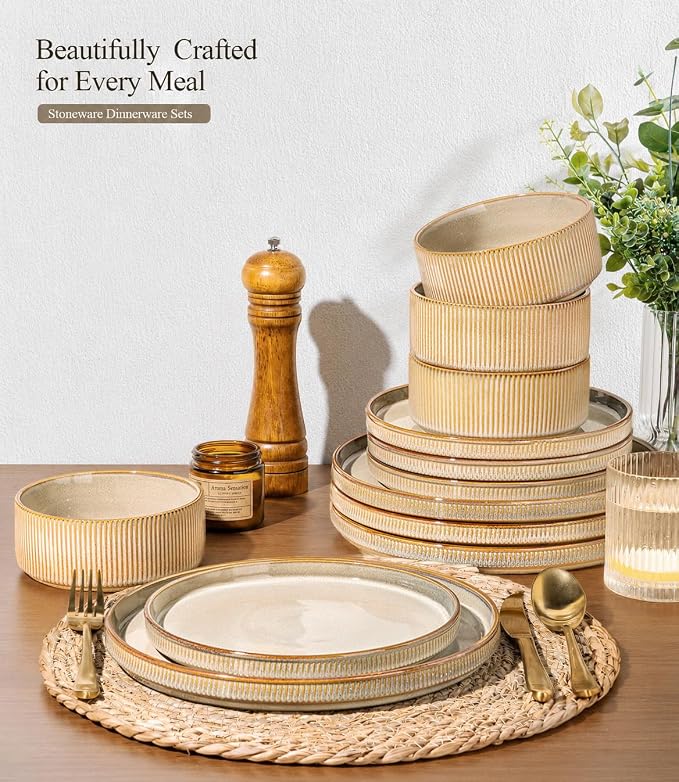 GBHOME Stoneware Dinnerware Sets for 4, 12-Piece Plates and Bowls Set | Handmade Reactive Glaze Ceramic Dish Set, Scratch Resistant, Dishwasher&Microwave Safe,Barley Latte