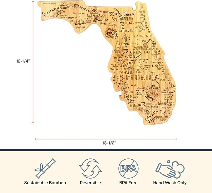 Totally Bamboo Destination Florida State Shaped Cutting Board | State charcuterie serving board with engraved map artwork. Smooth reverse side for food prep. Hang tie for wall display.