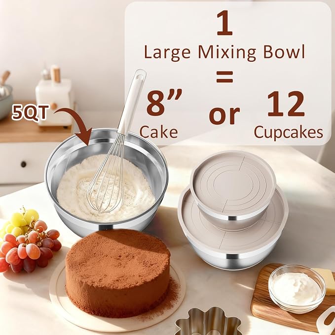 9 Pack Mixing Bowls with Airtight Lids & Grater Attachments, Khaki | Stainless Steel Bowl, Non-slip Bases, Nesting Kitchen Bowl, Size 5, 4, 3, 2, 1.5,1QT,for Food Prep, Baking, Storage & Serving