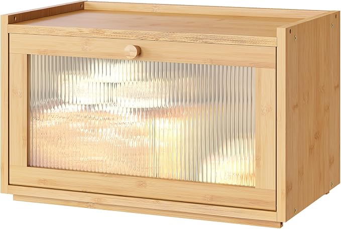 kiplant Large Bread Box for Kitchen Counter, Bamboo Bread Storage Container with Wavy Arcylic Transparent Door, Bamboo Wooden Farmhouse Bread Box for Your House